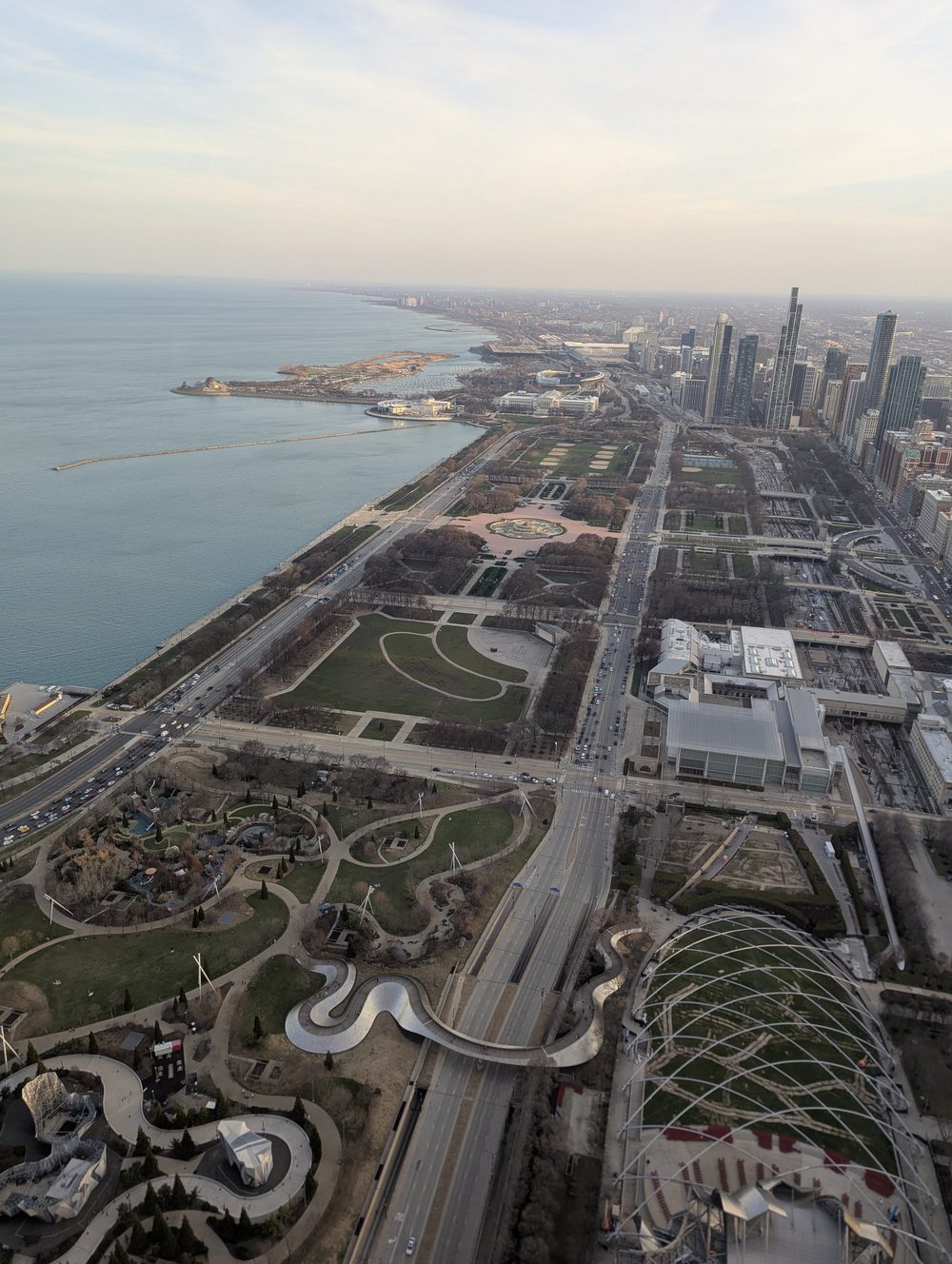 Looking down on the lakefront parks and Lake Shore Drive from high up