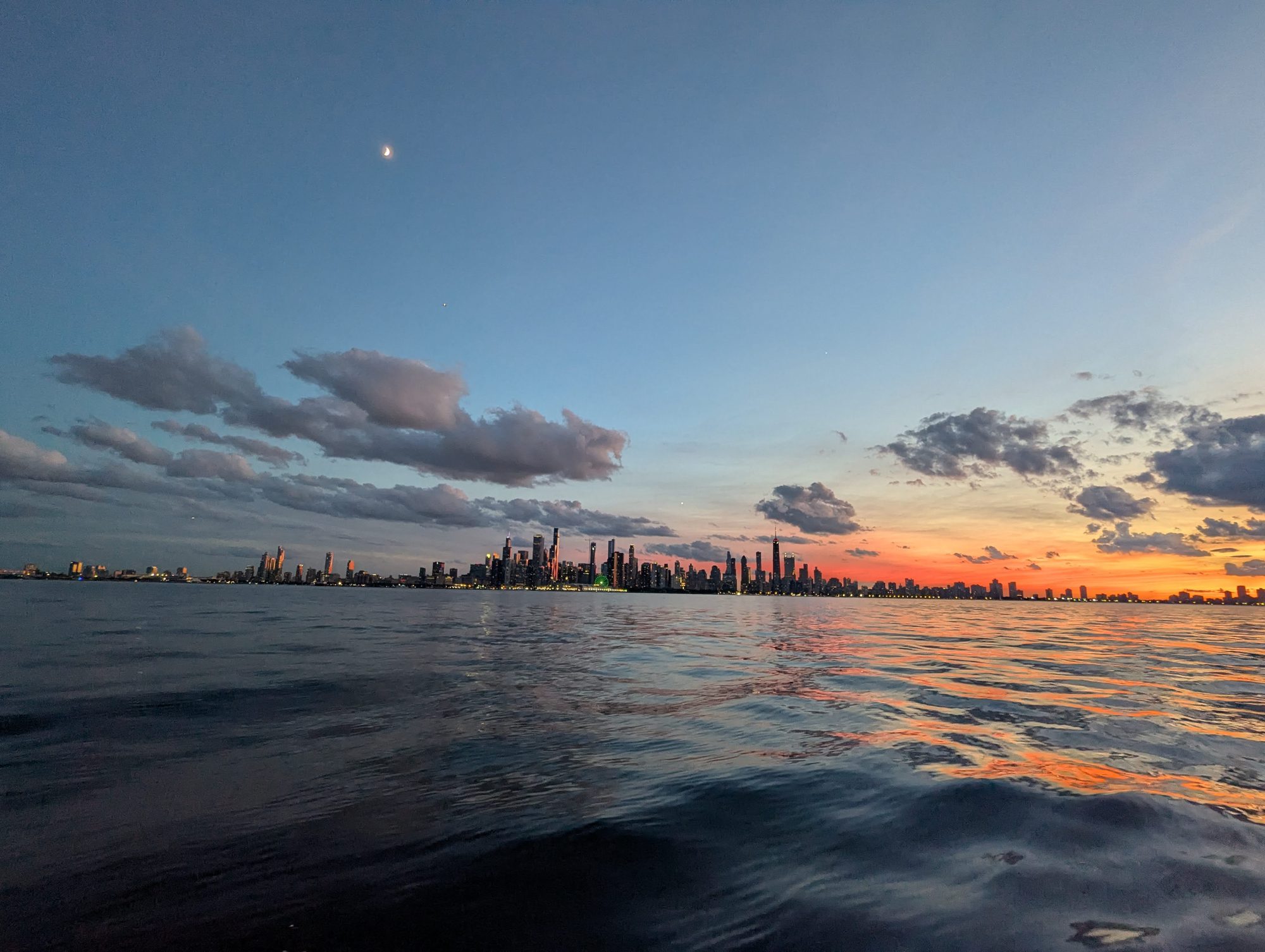 Sunset clouds over Lake Michigan and the Chicago skyline