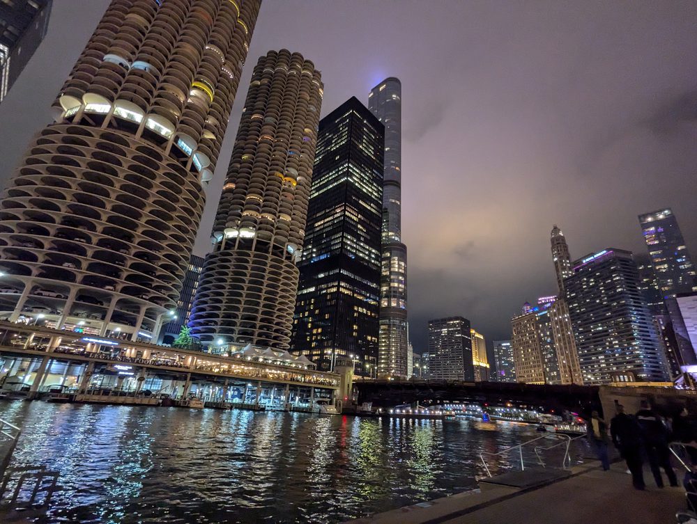 Marina City and the river lit up at night