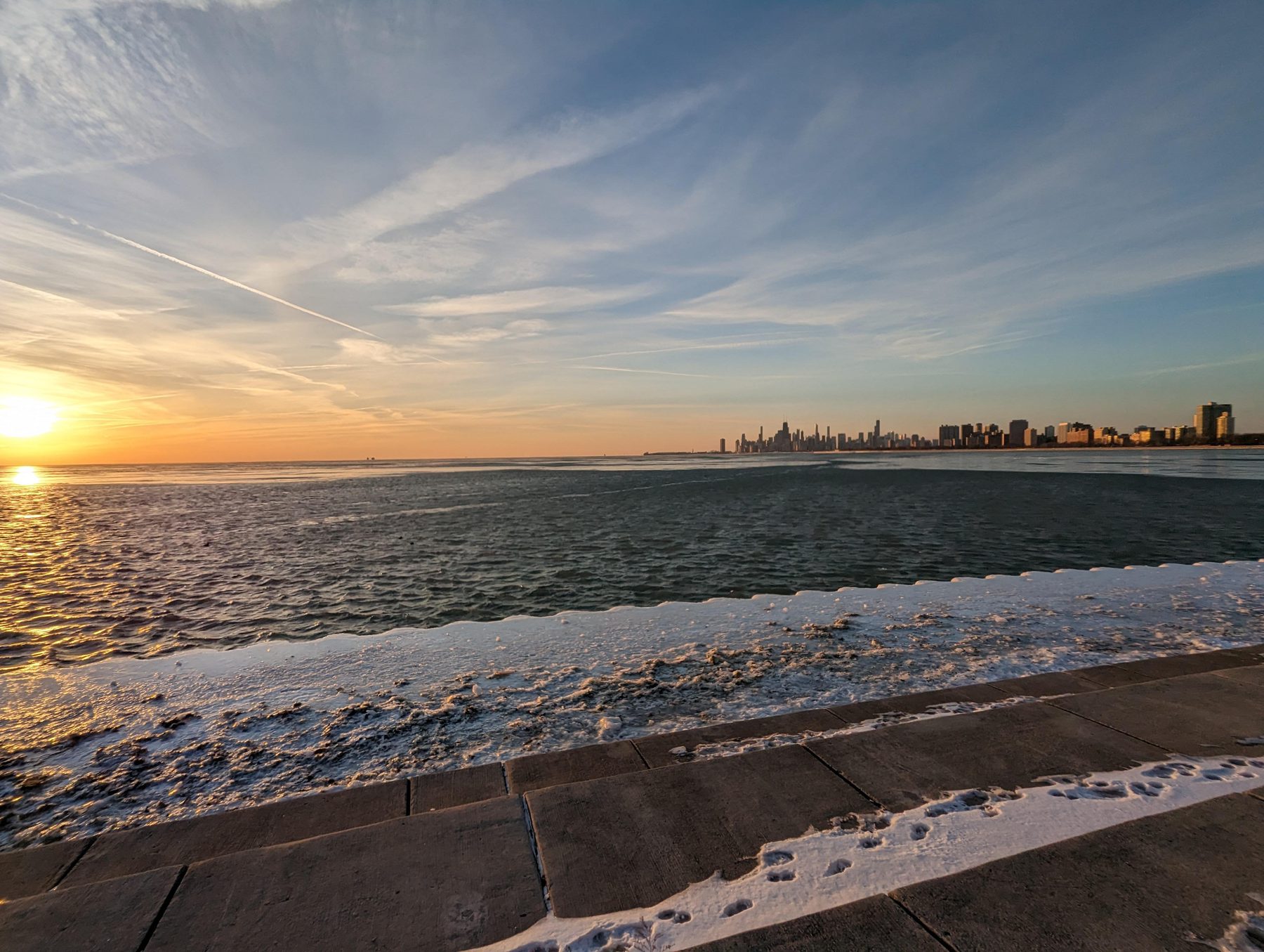 Sunset over Lake Michigan, with the Chicago skyline on the horizon